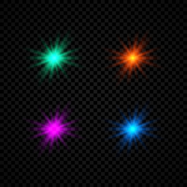 Linssisoihdutusten valovaikutus. Sarja neljä vihreää, oranssi, violetti ja sininen hehkuva valot tähtihyppy vaikutuksia kimaltelee tumma läpinäkyvä tausta. Vektoriesimerkki - Vektori, kuva