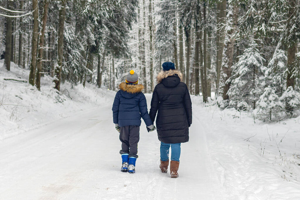 Mother and son walking together on a forest track in winter time back view. - Zdjęcie, obraz