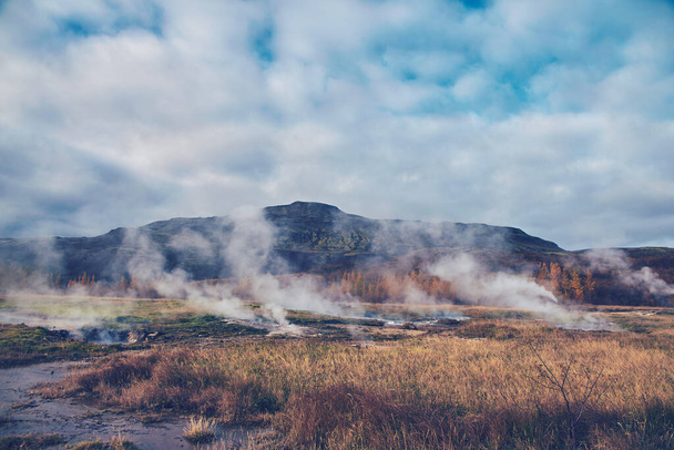 Steam from a hot geyser in Iceland. - Zdjęcie, obraz