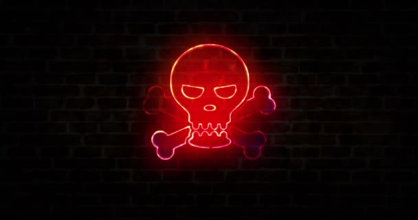 Skull symbol, piracy, hacking computer, cyber crime technology, darknet and danger neon sign on brick wall loop concept. Abstract 3d rendering loopable and seamless animation. - Footage, Video