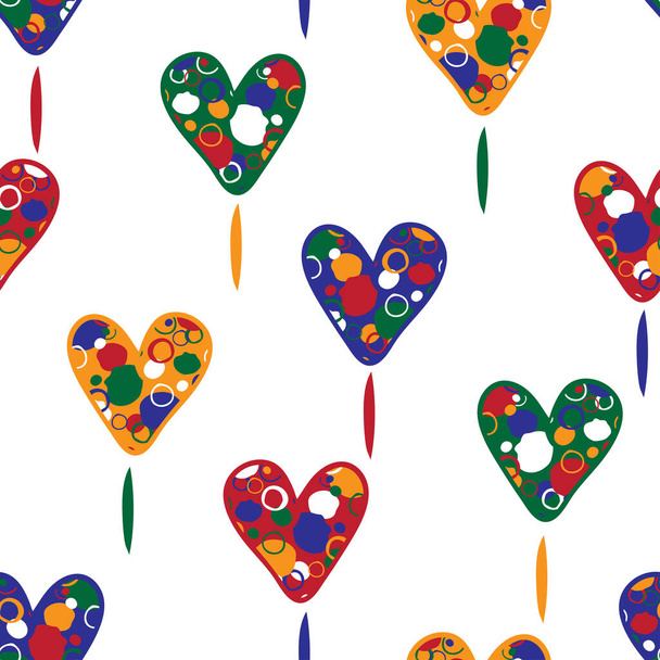 Seamless vector pattern with colourful love hearts on white background. Simple rainbow wallpaper design. Decorative Valentines day fashion textile. - Vector, Image