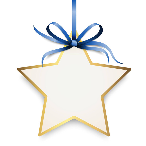 EPS 10 illustrazione vettoriale di nastro blu fiocco e banda regalo con la forma di un ciondolo stella d'oro per auguri di Natale isolato su sfondo bianco - Vettoriali, immagini