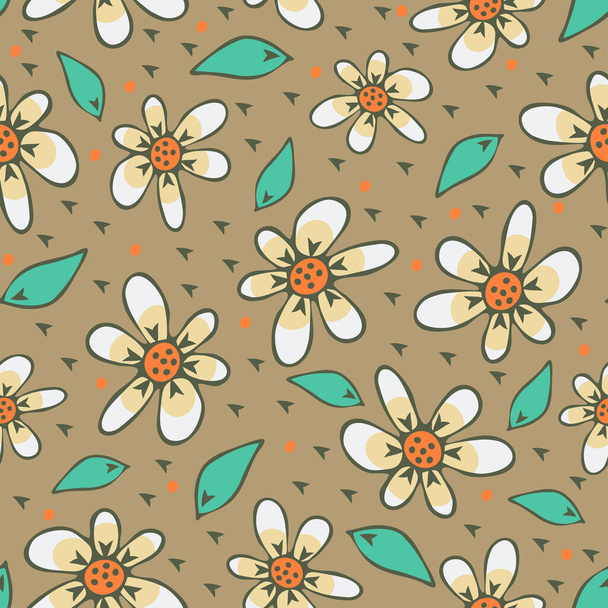 Seamless vector pattern with hand drawn flowers on beige background. Simple vintage floral wallpaper design with daisy meadow. Romantic summer fashion textile. - Vector, Image