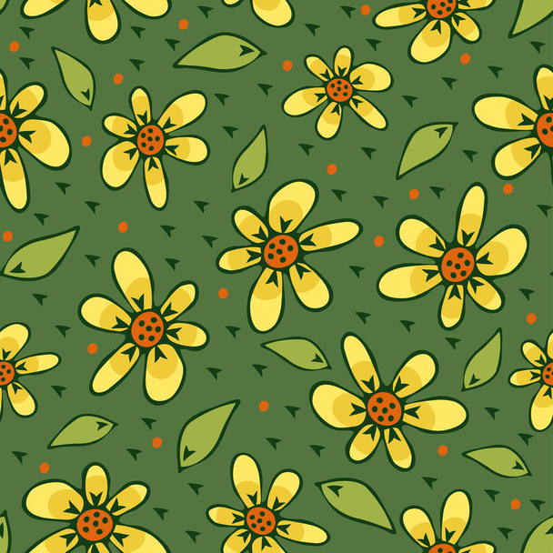 Patrón vectorial sin costuras con flores amarillas sobre fondo verde. Diseño simple de fondo de pantalla floral de verano. prado decorativo moda textil. - Vector, Imagen