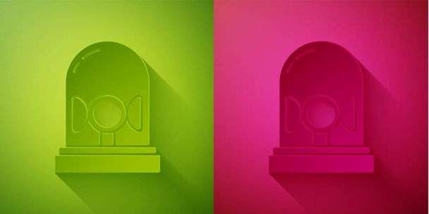 Paper cut Flasher siren icon isolated on green and pink background. Emergency flashing siren. Paper art style. Vector. - Vector, Image
