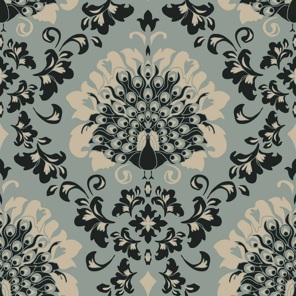 Seamless vector pattern damask  wallpaper with peacock on grey background. Romantic renaissance bird design. Victorian style fashion textile. - Vektör, Görsel