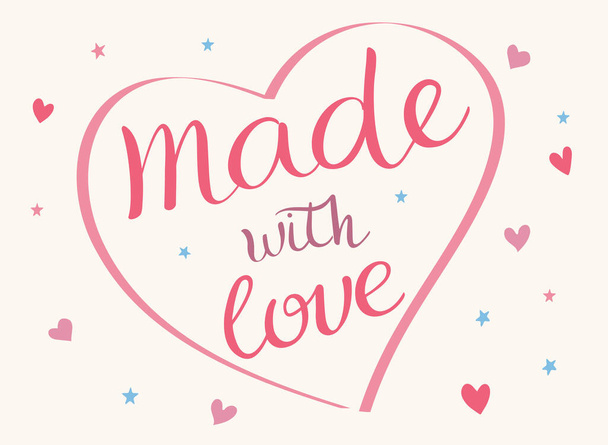 Hand lettering Made with Love with hearts, romantic greeting card, modern typography for poster, vector art. - Vektor, kép