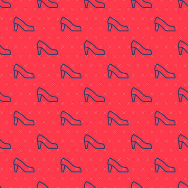 Blue line Woman shoe with high heel icon isolated seamless pattern on red background.  Vector. - Vector, Image