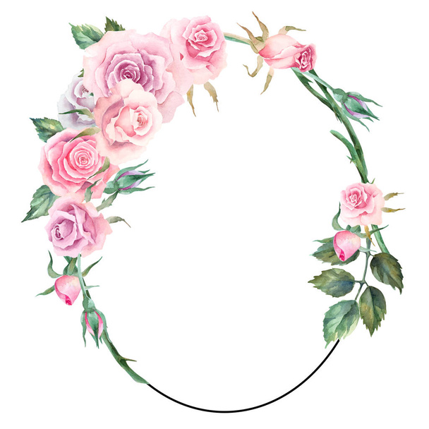 Oval frame with pink roses, leaves and buds on a white background, watercolor hand drawn illustration. Copy space. - Foto, imagen