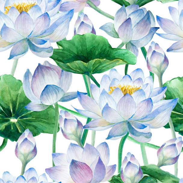 Бесшовный узор цветов лотоса с бутонами и листьями на белом фоне, нарисованная вручную иллюстрация. - Фото, изображение