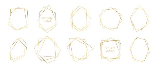 Vector set of golden polyhedron frames. Abstract geometric thin line borders for invitations, wedding, premium decor. Art deco style - ベクター画像