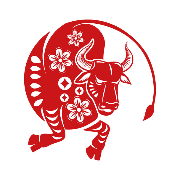 čínský nový rok 2021 červený býk s květinovým vzorem - Vektor, obrázek