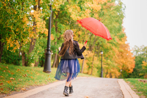 jong aantrekkelijk glimlachen meisje onder paraplu in een herfst bos - Foto, afbeelding