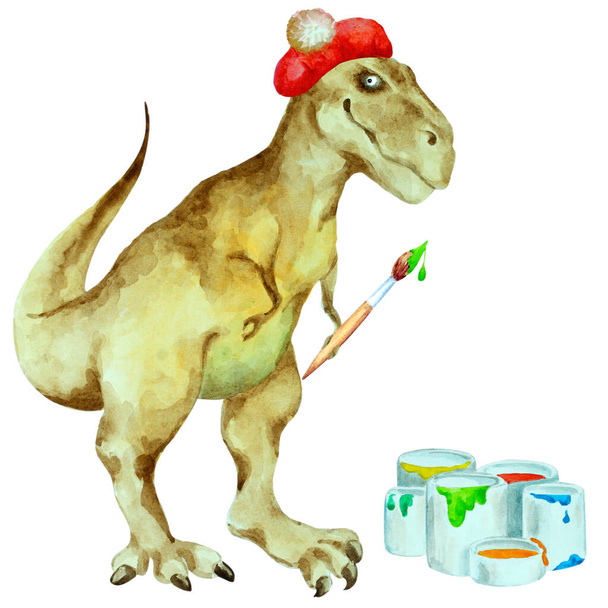 Dinossauro sorridente Tyrannosaurus rex em uma boina com uma escova e tintas coloridas em um fundo branco, ilustração aquarela desenhada à mão. - Foto, Imagem