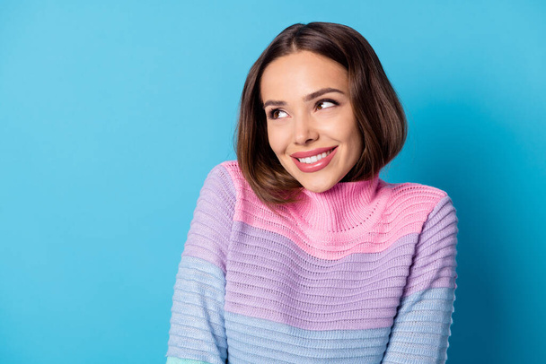 Photo of pretty nice girl look good copyspace imagine wear pullover isolated over blue color background - Valokuva, kuva