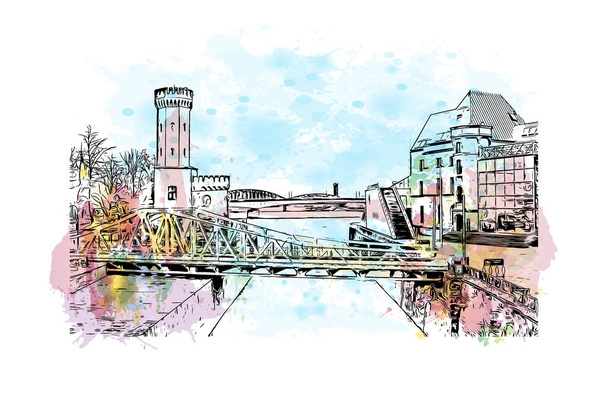 印刷ケルンのランドマークと建物の景色はドイツ最大の都市です。手描きのスケッチイラストをベクトルにした水彩スプラッシュ. - ベクター画像