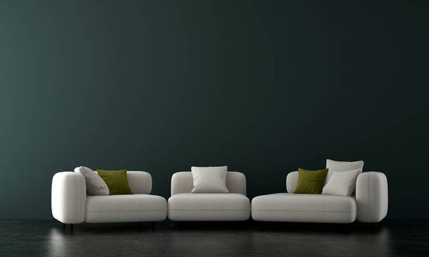Moderno salón interior maqueta, sofá blanco sobre fondo de pared azul vacío, estilo escandinavo, 3d render  - Foto, imagen