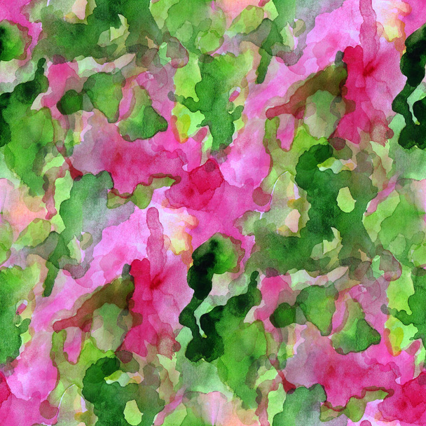 Бесшовный рисунок абстрактный фон зеленый, розовое пятно, всплеск, волны. Ручная рисованная акварель. - Фото, изображение