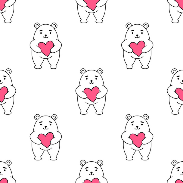 Padrão sem costura. Um urso de pelúcia bonito tem um coração em suas patas. O cartão do Dia dos Namorados. Vetor. - Vetor, Imagem