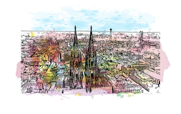 印刷ケルンのランドマークと建物の景色はドイツ最大の都市です。手描きのスケッチイラストをベクトルにした水彩スプラッシュ. - ベクター画像