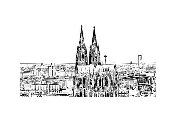 Print Vue sur le bâtiment avec monument de Cologne est la plus grande ville d'Allemagne. Illustration dessinée à la main en vecteur. - Vecteur, image