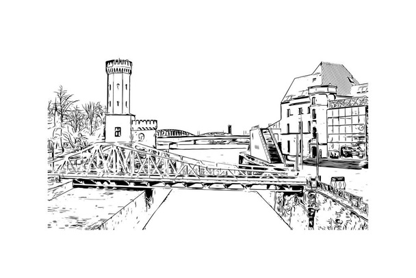 印刷ケルンのランドマークと建物の景色はドイツ最大の都市です。手描きのスケッチ図ベクトル. - ベクター画像