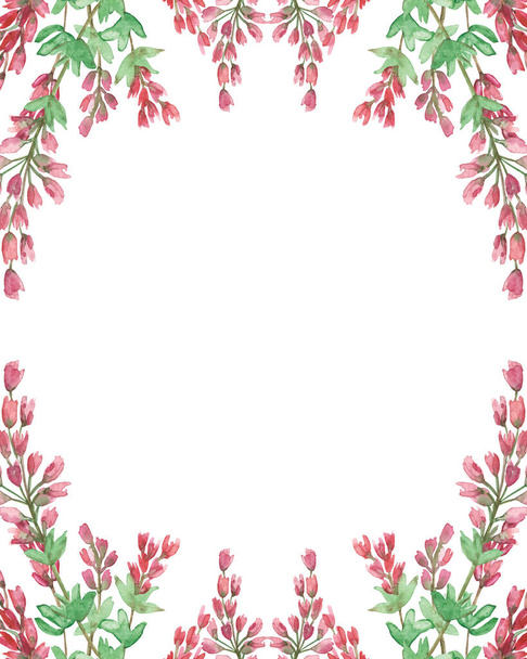 Watercolor hand painted nature herbal border frame with pink blossom heather flowers and green leaves composition on the white background for invite and greeting card with space for text - Фото, изображение