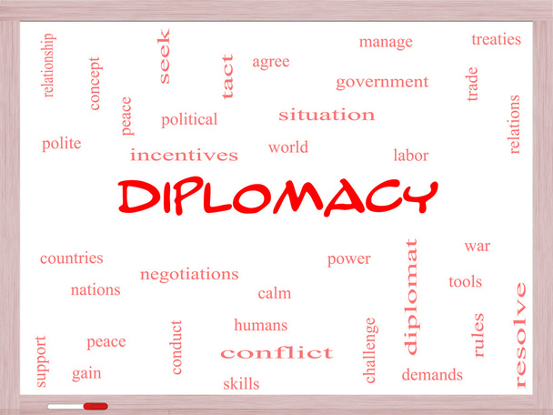 Diplomacia Word Cloud Concept en una pizarra blanca
 - Foto, Imagen