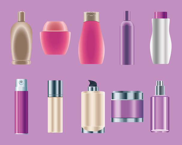 conjunto de diez productos de cuidado de la piel botellas iconos - Vector, imagen