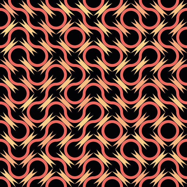 Truchet arte gerativa loops aleatórios e círculos vetor sem costura fundo padrão. Girando ilhós circulares vermelhos e amarelos no fundo preto. Contemporânea toda a impressão para embalagem conceito moderno - Vetor, Imagem