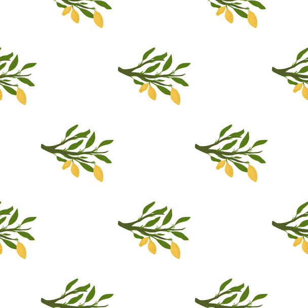 Isolate seamless food pattern with cartoon doodle green leaves and yellow lemons print. White background. Flat vector print for textile, fabric, giftwrap, wallpapers. Endless illustration. - Vektori, kuva