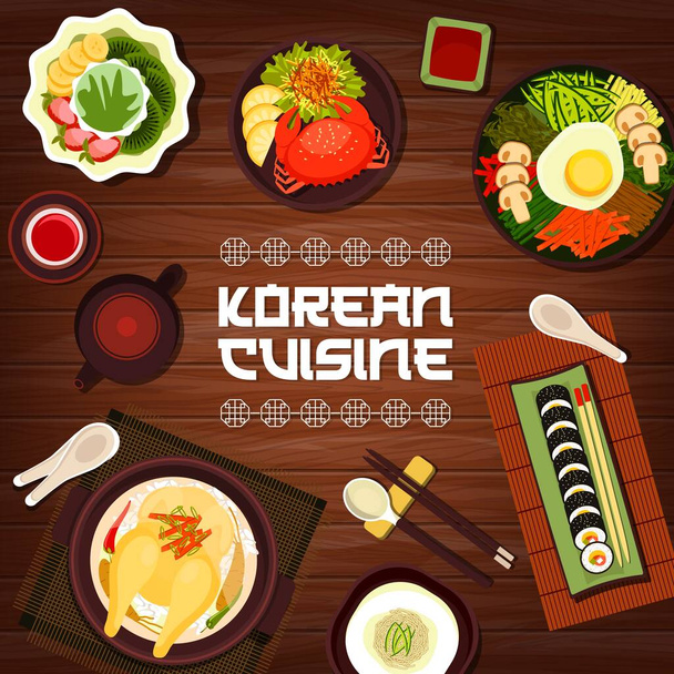 Cuisine coréenne vecteur ginseng soupe de poulet samguetang, glace rasée dessert aux fruits et riz bibimbap avec des légumes et des œufs. Thé Matcha, rouleaux de sushi kimbap et plats épicés de crabe de Corée affiche - Vecteur, image