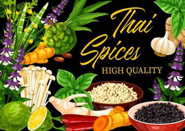 Diseño vectorial de especias y hierbas tailandesas de condimentos y condimentos de cocina asiática. Kaffir lima, jengibre, limoncillo y chile, semillas de sésamo, galangal, albahaca y menta, brotes de bambú y cilantro - Vector, imagen