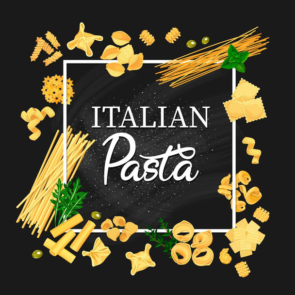 Italialainen pastavektorirunko, fusilli, stelle ja cavatappi, spagetti, kaneloni tai konkiloni. Quadretti, Fagottini ja funghetto, tortellini, linguine erityyppisiä ja muotoisia pasta sarjakuva juliste - Vektori, kuva