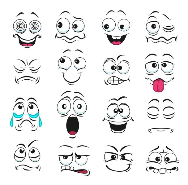 Tvář výraz izolované vektorové ikony, legrační karikatura emoji hypnotizován, pláč a překvapení, ukázat zuby a jazyk, smích, úsměv a smutek. Tváře pocity, emotikony rozrušené, šťastné roztomilé tváře nastaveny - Vektor, obrázek