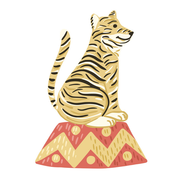 Tiger sits on circus trapeze isolated on white background. Cute character from safari in striped. Doodle vector illustration. - Vector, Image