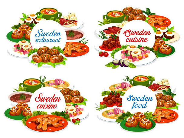 スウェーデンのフードベクトルラウンドバナーサロノールエンドウ豆のスープ、ピッティアンカとミートボールのコトブラー。ポテトハッセル、ビーフステーキラ・リンストロムと牛肉スープエレブサド、生姜クッキーまたはシナモンパンスウェーデン料理 - ベクター画像