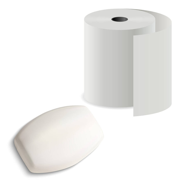 Toiletpapier roll met zeep bar, vector mockup illustratie. Realistische massieve bar met keukenhanddoek cilinder verpakking voor gygiëne. Spa of bad cosmetica ontwerp mock up bovenaanzicht. Lichaamsverzorging - Vector, afbeelding