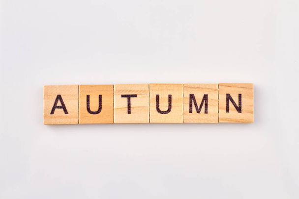 Palabra de otoño escrita en bloque de madera. - Foto, imagen