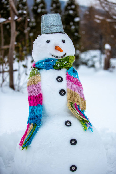 Весело на снегу. Большой снеговик из снега в саду. - Фото, изображение