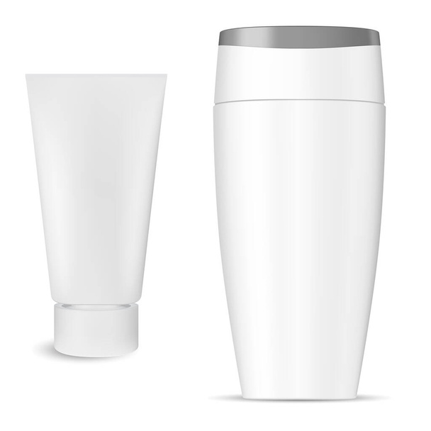 Shampoo-Flasche Kosmetikpaket, Cremetubus-Produkt, isolierter 3D-Vektor. Shampoo-Verpackungsattrappen aus weißem Kunststoff. Flüssiglotion Behälter mit realistischem Creme oder Paste flexibles Tubenkonzept - Vektor, Bild