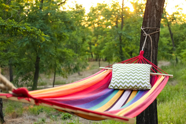Comfortable bright hammock with soft pillow at green garden - Foto, Imagem