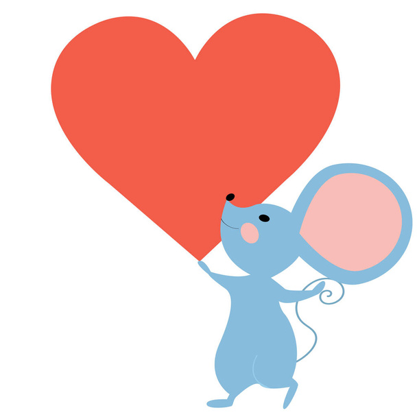 Vektorová myš drží velké srdce. Ploché ilustrace izolované na bílém pozadí. - Vektor, obrázek