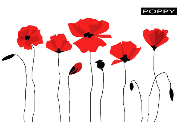 Abstract red poppy flowers. Isolated on white background. Flat cartoon style. Vector illustration. - Vector, Image
