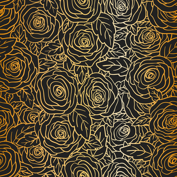 Rose kulta saumaton kuvio mustalla pohjalla, kukka nuppu ja lehtien käsin piirretty viiva. Luxury suunnittelu kangas, tekstiili tulostaa, käärepaperi, onnittelukortit, kutsut, häät, syntymäpäivä - Vektori, kuva