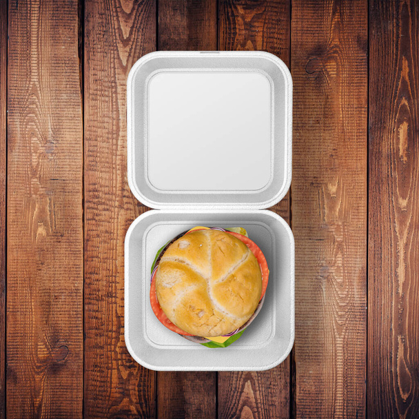 White Food Container Sticker With Burger Mockup On The Wood Table - Foto, Imagem