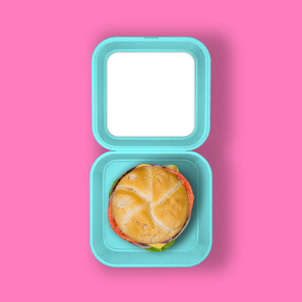 Etiqueta colorida do recipiente do alimento do unicórnio com hambúrguer Mockup - Foto, Imagem