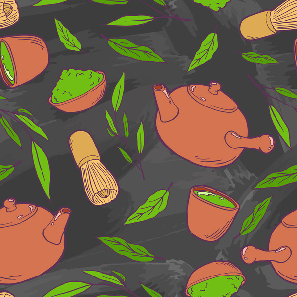 Set di articoli per la tradizionale cerimonia del tè giapponese. Teiera, foglie di tè verde, polvere di matcha, frusta, tazza. Cucina asiatica. Sfondo senza cuciture con motivo. Tavola di gesso. - Vettoriali, immagini