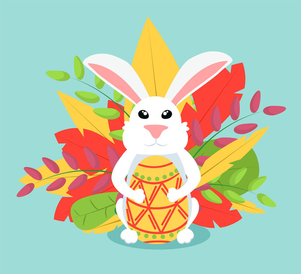  Il coniglietto pasquale tiene un uovo decorato nelle zampe. Illustrazione per Buona Pasqua - Vettoriali, immagini