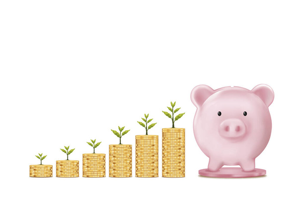 3D Piggy bank e Plant brilhando em pilhas de moeda em fundo branco, Isolate Pink pig Vector mesh para publicidade, Modelo de design para banner, financeiro, poupança e segurança de armazenamento de dinheiro para o futuro - Vetor, Imagem